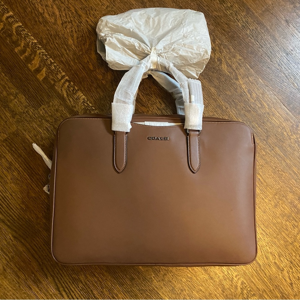 COACH Metropolitan Slim Brief Leather Bag Messenger Saddle Brown MSRP $595